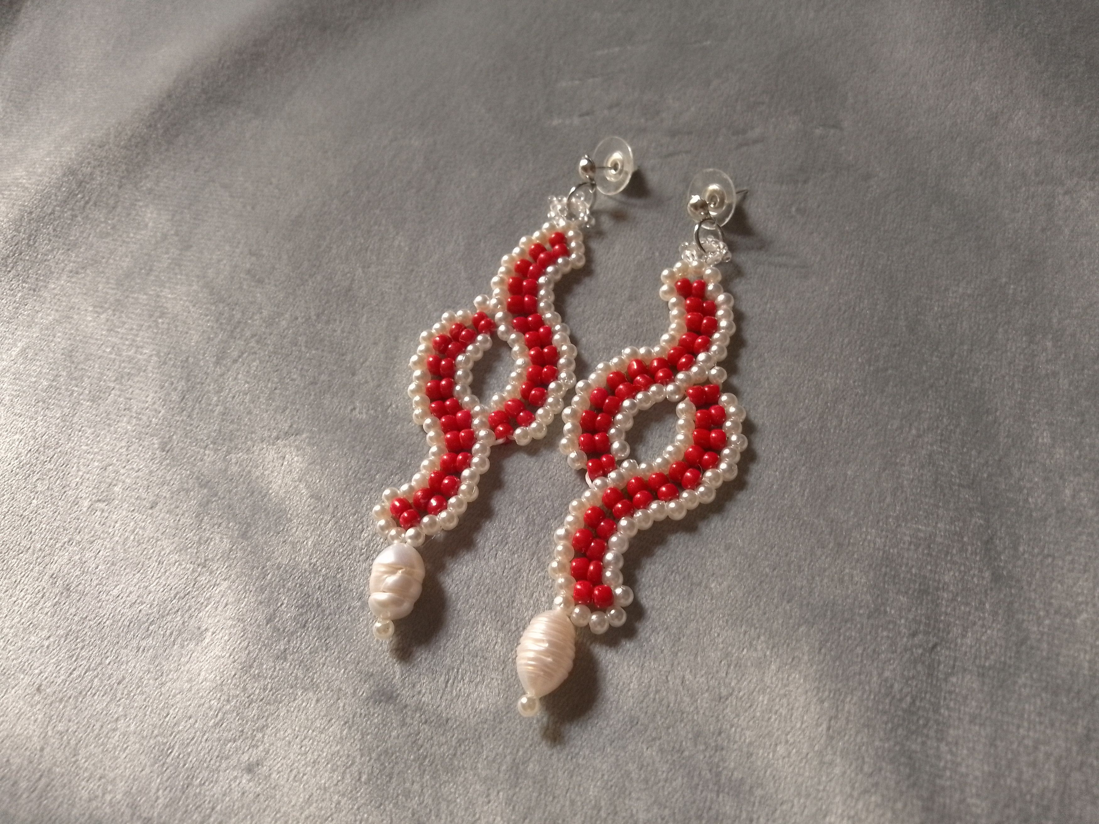 Handmade Long earrings red beaded with Freshwater pearls dangling Size ONE SIZE - 3 Thumbnail