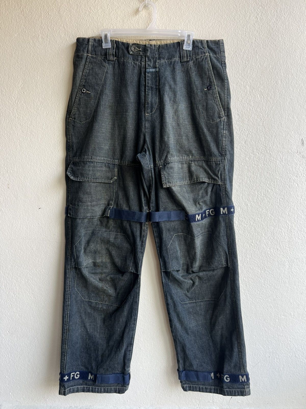Marithe + Francois Girbaud 90s MFG Dirty Mud Stains Denim Blue Strap Bondage Jeans Size US 36 / EU 52 - 2 Thumbnail