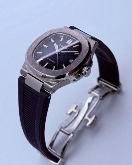 Japanese Brand Seiko Mod Nautilus Navy Dial Steel Watch Rubber Strap 41mm Size ONE SIZE - 2 Thumbnail