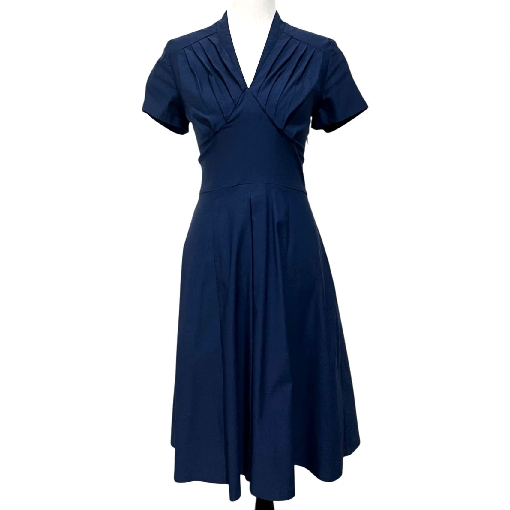 Vintage Miss Lulo Dress Navy Blue Midi Fit & Flare Pleated Short Sleeve Stretch Womens L Dress Size 36" / US 14 / IT 50 - 2 Thumbnail