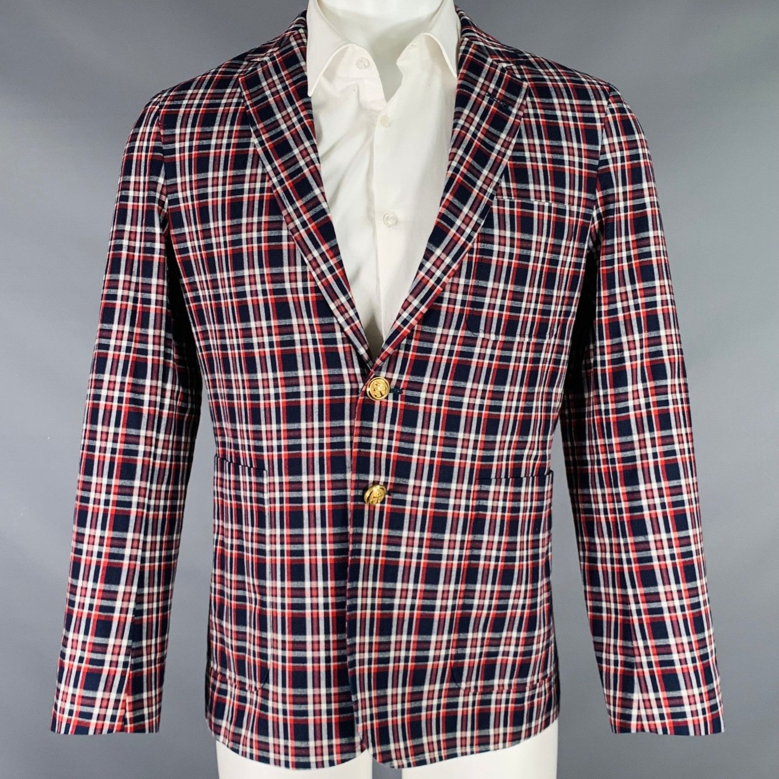Maison Kitsune Size 36 Navy Red White Plaid Cotton Sport Coat Size 36R - 1 Thumbnail