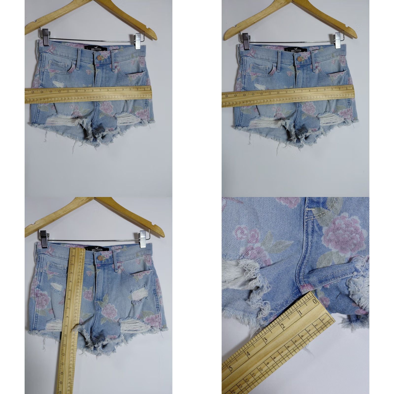Denime HOLLISTER CALIFORNIA Short High-Rise Denim Women W25 Blue Floral Distressed Button 100% Cotton Stretch Shorts Womens Size 42" / US 20 - 9 Thumbnail