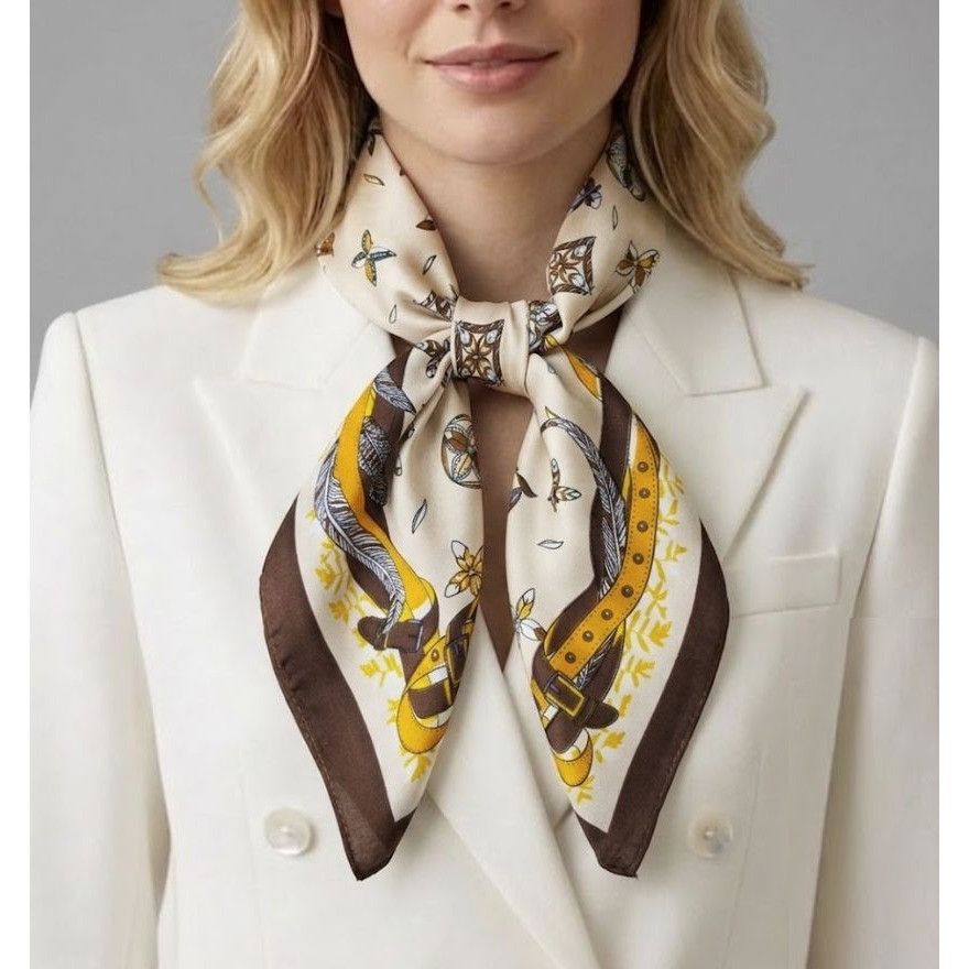 Other ⭐Luxury Elegant Bandana Silky Square Scarf Beige Floral Vers Size ONE SIZE - 1 Thumbnail