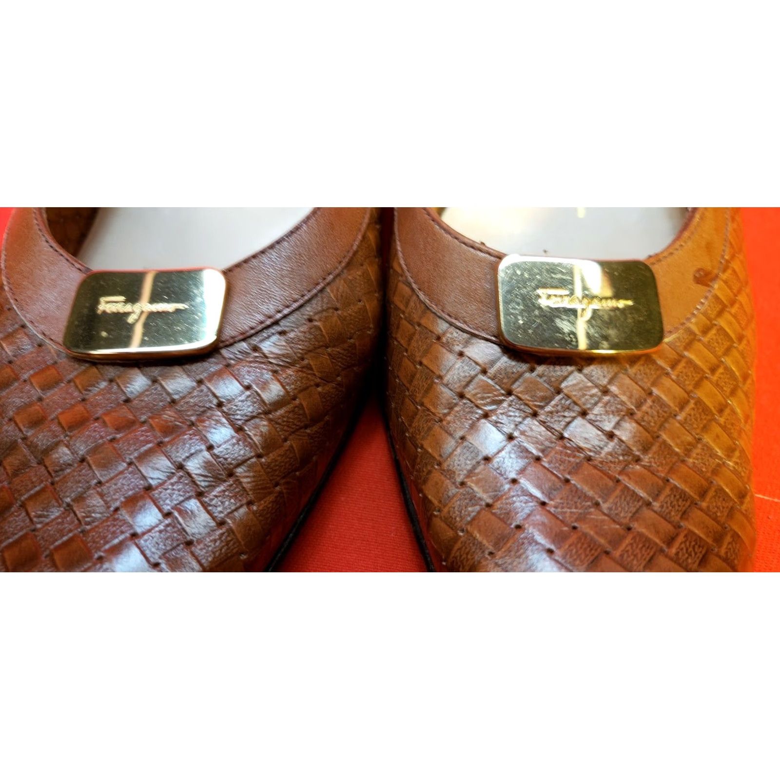 Salvatore Ferragamo Salvatore Ferragamo Pumps Women's Brown Leather Woven Pattern Kitten Heel 1.25" AA 7.5 US/38 EU 5.5 UK Size US 8 / IT 38 - 7 Thumbnail