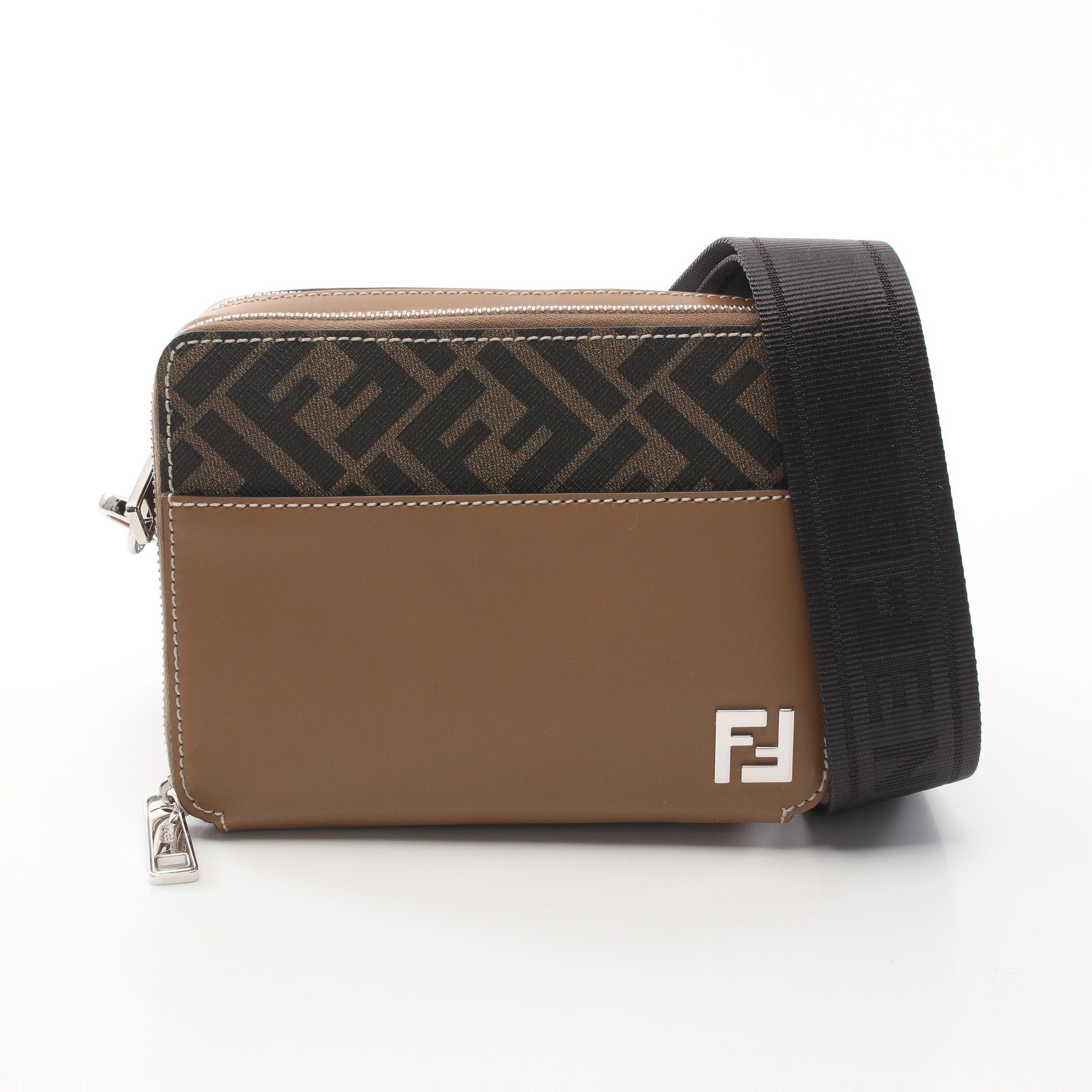 Fendi Square Ff Camera Case Organizer Shoulder Bag Leather Light Brown Black, Women's
