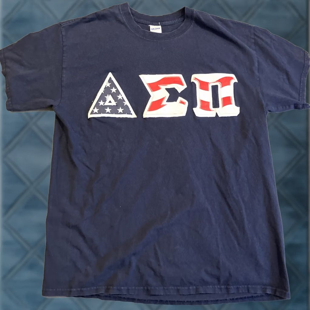 Gildan DSP - Delta Sigma Pi - SEWN USA - American Flag Letters T Shirt - Men’s Large T-Shirt Blue USA Graphic Tee Men Size US L / EU 52-54 / 3 - 1 Thumbnail