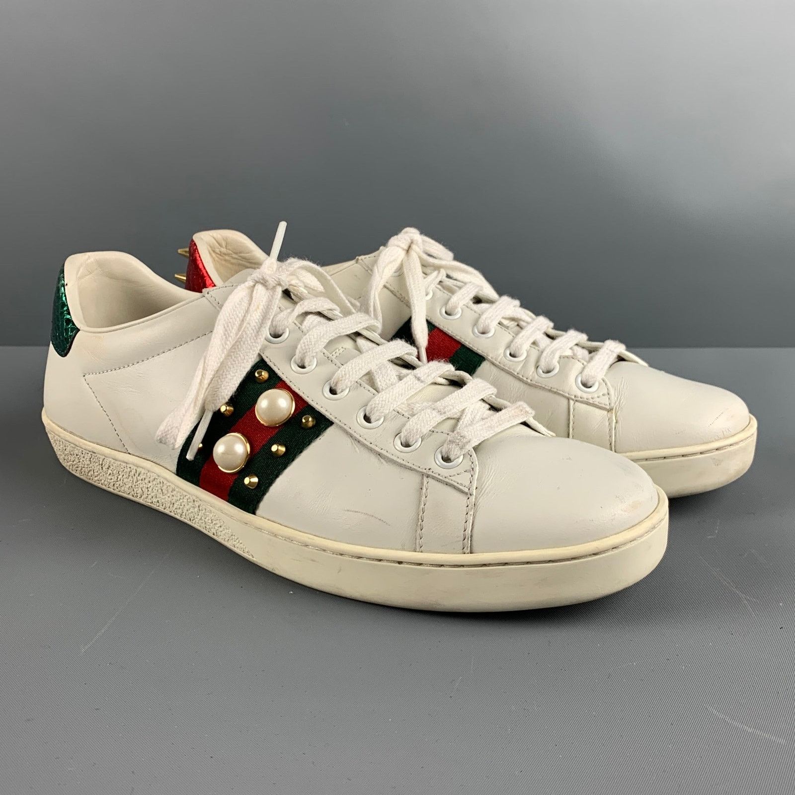 Gucci GUCCI 10 White Green & Red Leather Ribbon Low Top Sneakers Size US 10 / IT 40 - 1 Thumbnail