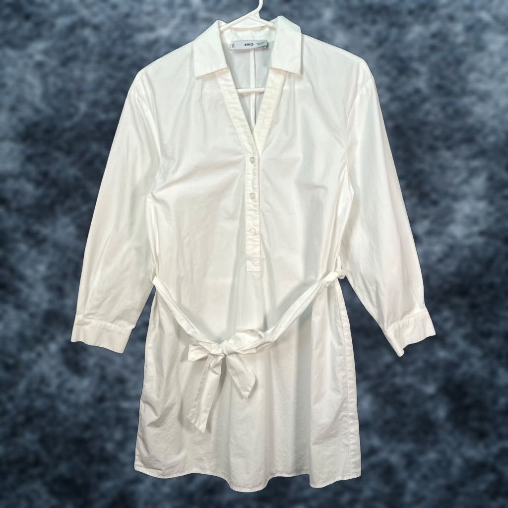 Mango Mango White Cotton Button-Front Shirt Dress w/ Waist Tie Long Sleeves Collared Shirt Dress Womens 2 White Cotton Button Accents 90s? No (remove guess) Size XS / US 0-2 / IT 36-38 - 1 Thumbnail