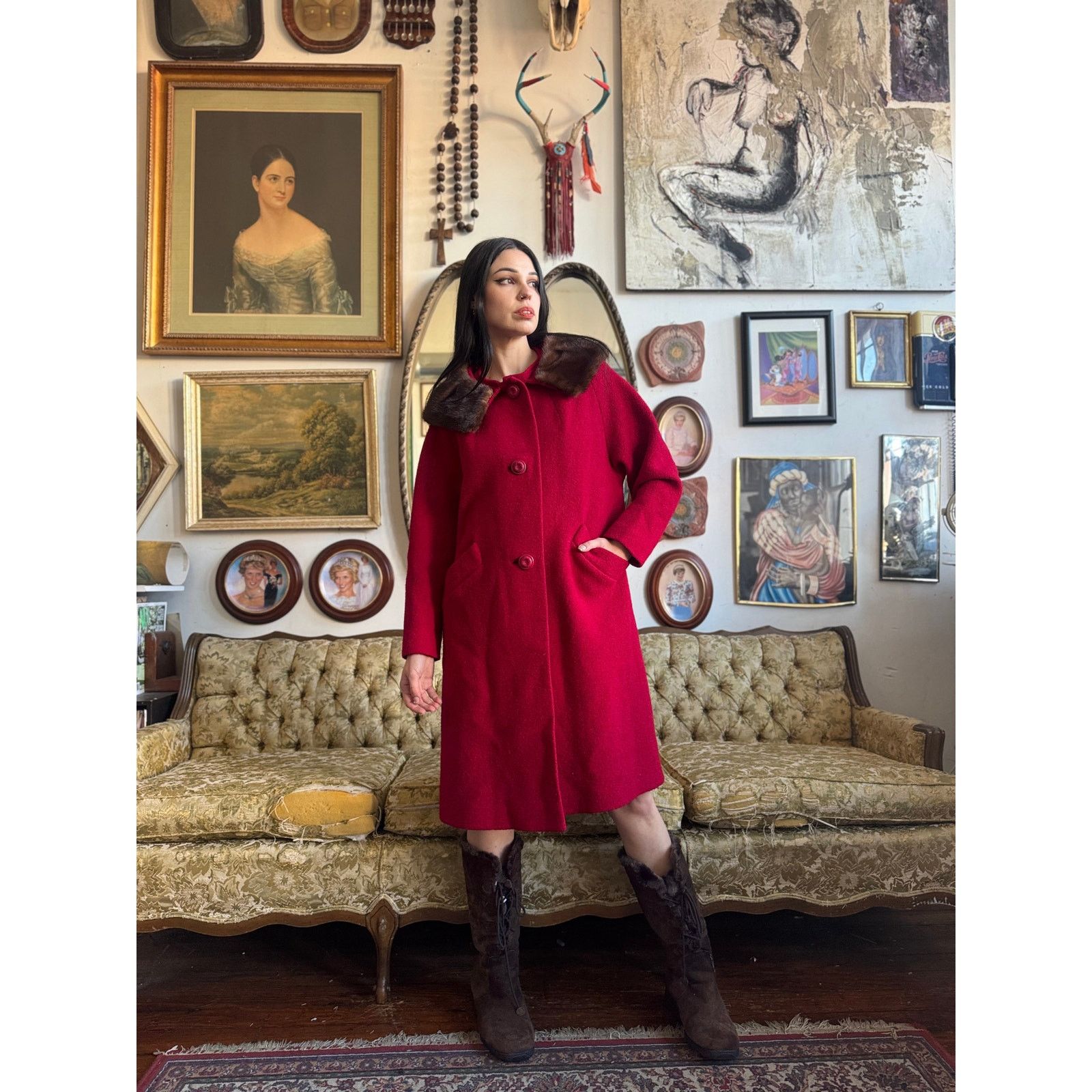 Vintage 50s Stevens Hockanum Topaz Red Genuine Fur Collar Coat Large Size L / US 10 / IT 46 - 4 Thumbnail
