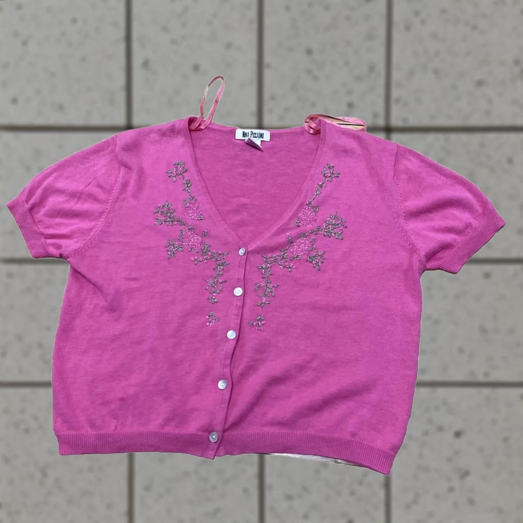 Vintage Nina Piccalino Vtg 90s Pink Cardigan Knit Shirt Women Slim 16 Y2k Beaded Floral Size XXL / US 16-18 / IT 52-54 - 1 Thumbnail