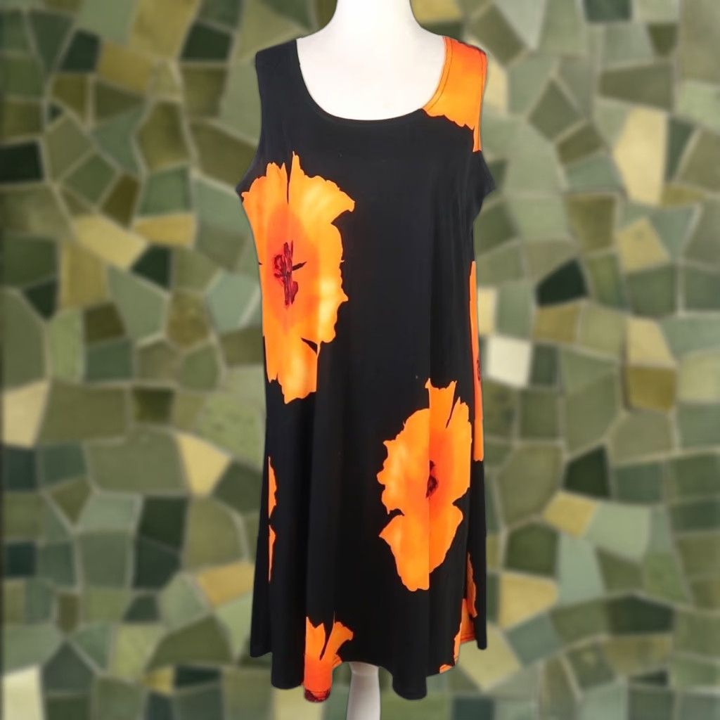 Vintage VINTAGE Pretty Woman Floral Jersey Mini Dress Sleeveless M Black Orange 90s Women Mens? Size M / US 6-8 / IT 42-44 - 1 Thumbnail