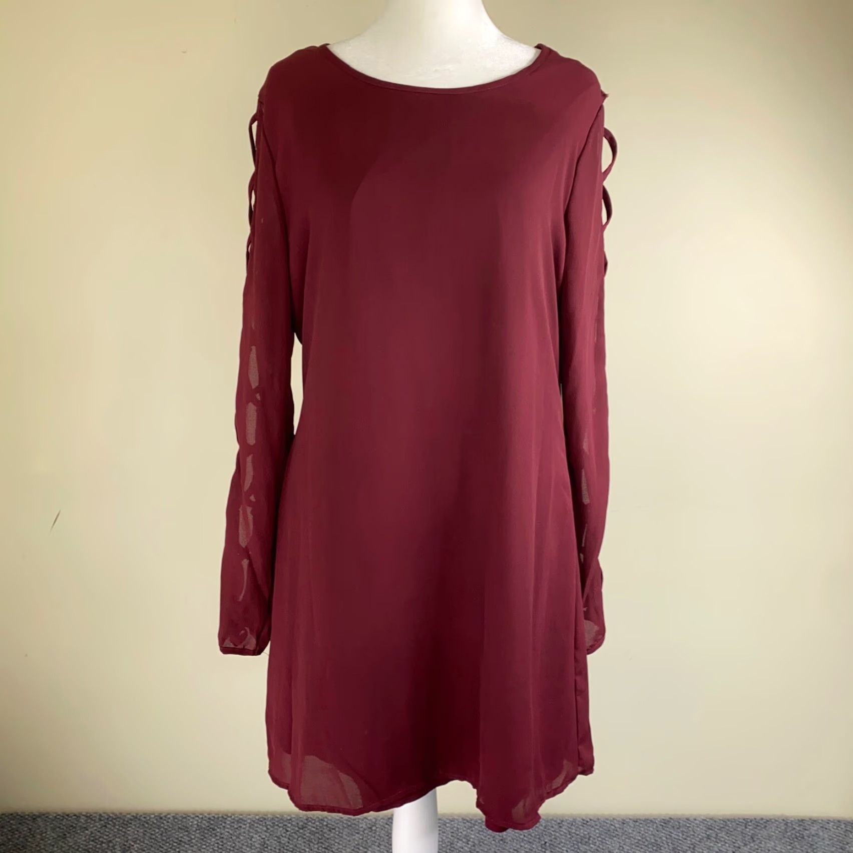Vintage Liberty Love Womens Mini Dress Medium Maroon Long Sleeve Lined Size M / US 6-8 / IT 42-44 - 2 Thumbnail