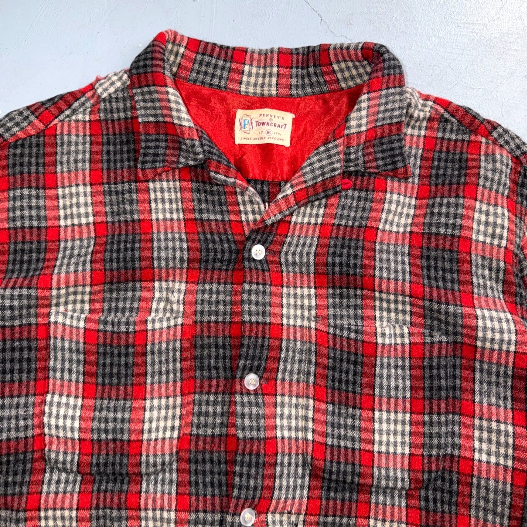 JCPenney VTG Penneys Shirt Red Plaid Wool Button Up Collared Rockabilly 1950s 60s 50s Mens XL Size US XL / EU 56 / 4 - 2 Thumbnail