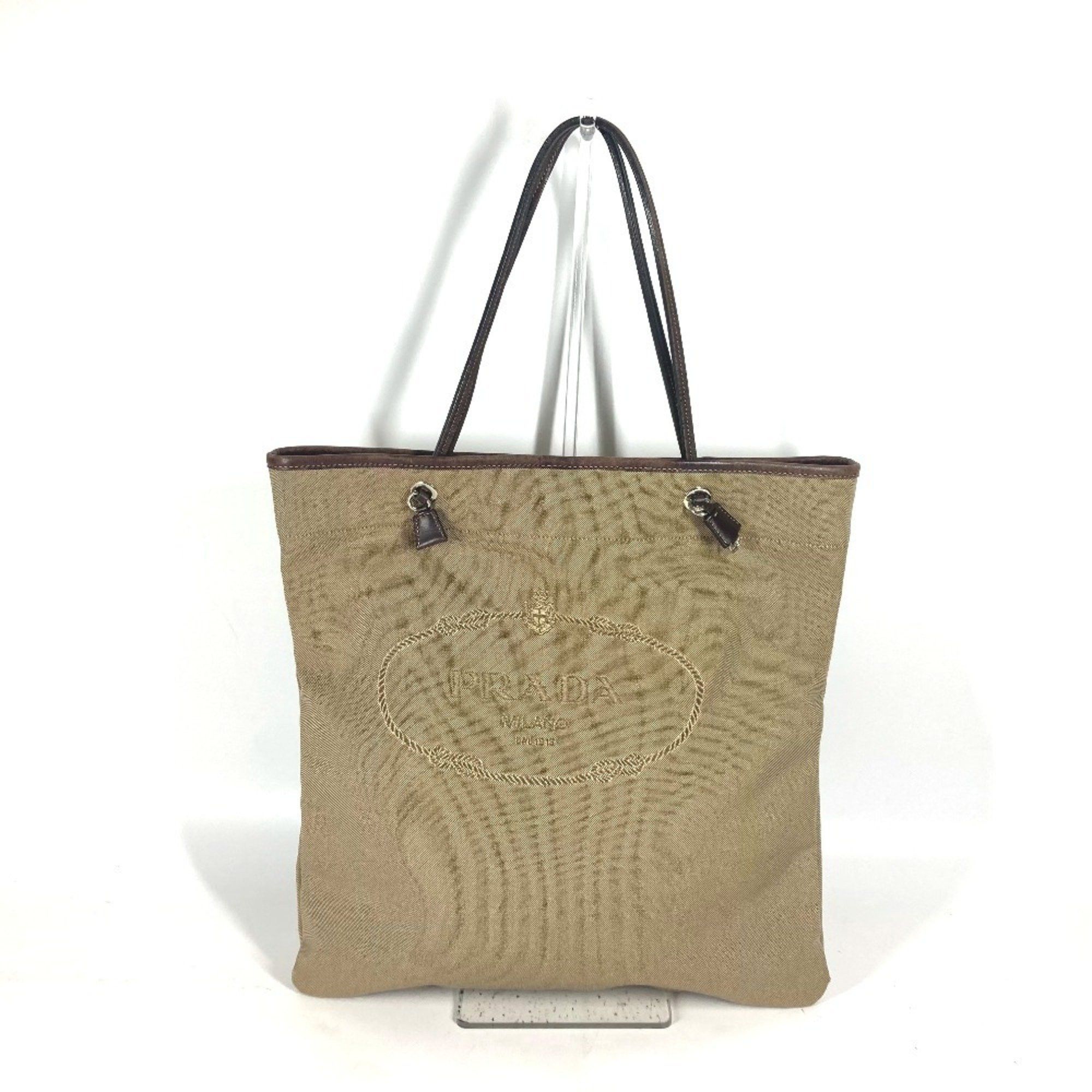 Prada Vertical Tote Bag, Shoulder Logo, Canvas, Leather, Women's, Beige