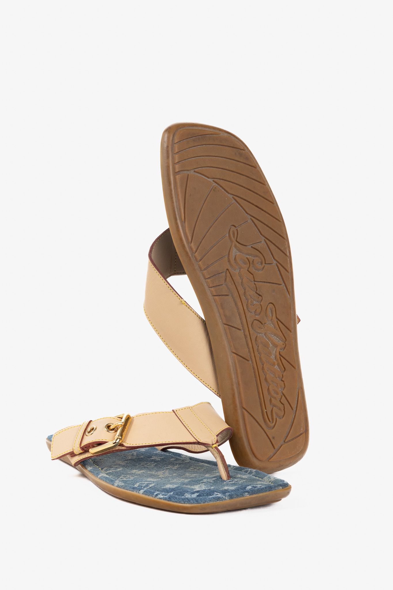 Louis Vuitton Louis Vuitton Buckled-Leather & Monogram Denim Thong Sandals Size US 8 / IT 38 - 5 Thumbnail