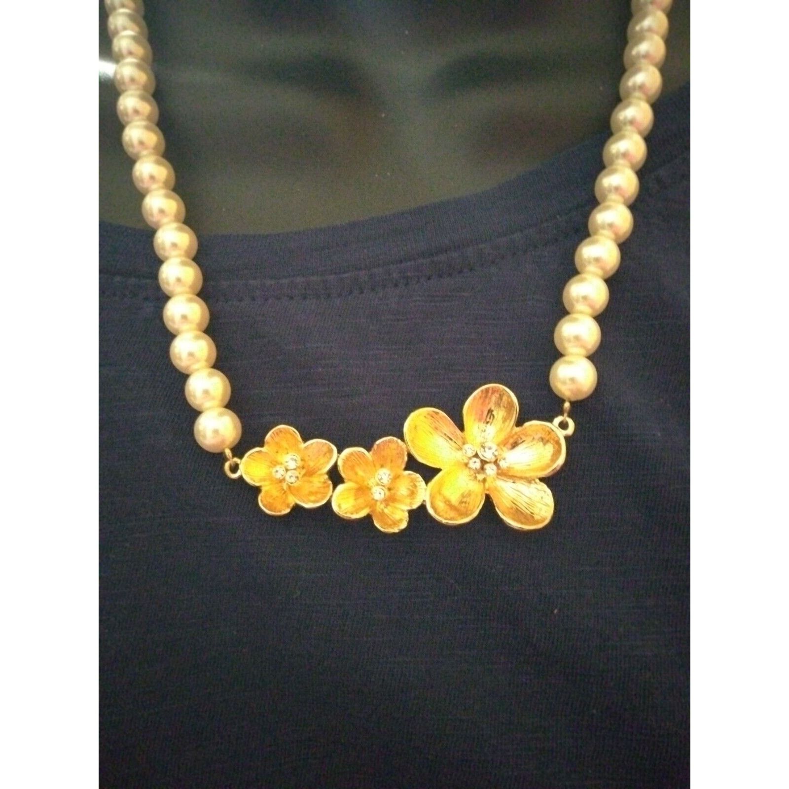 Other Faux Pearls With Three Flowers With Bling Necklace 19 Inch Size ONE SIZE - 1 Thumbnail