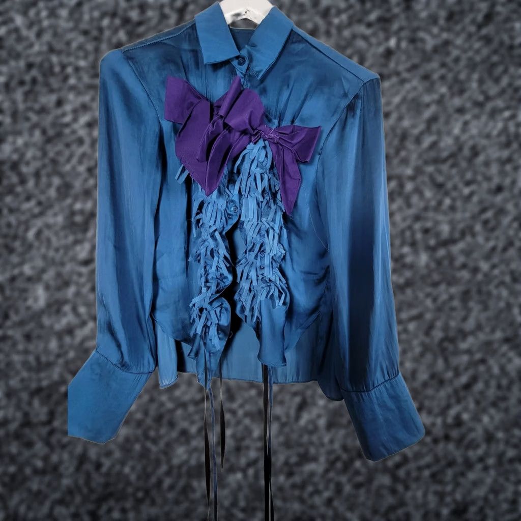 Vintage Mahina Womens Silky Blue Purple Bow & Fringe Blouse Top Medium Long Sleeve Boho Size M / US 6-8 / IT 42-44 - 1 Thumbnail