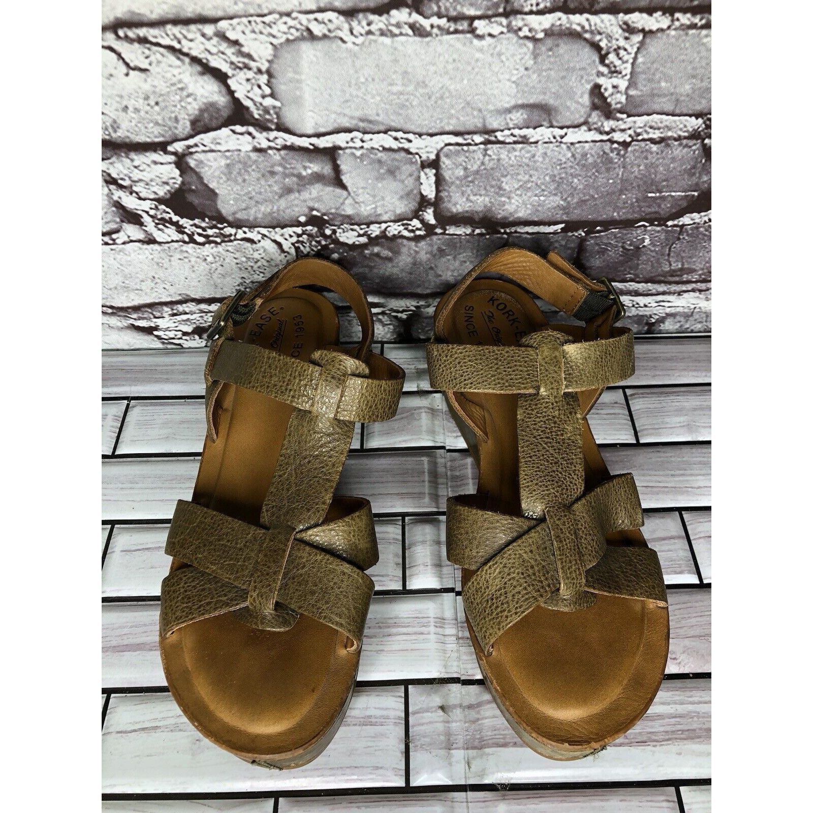 Other Kork-Ease Olive Green Leather Platform Wedge Ankle Strap San Size US 6 / IT 36 - 17 Thumbnail