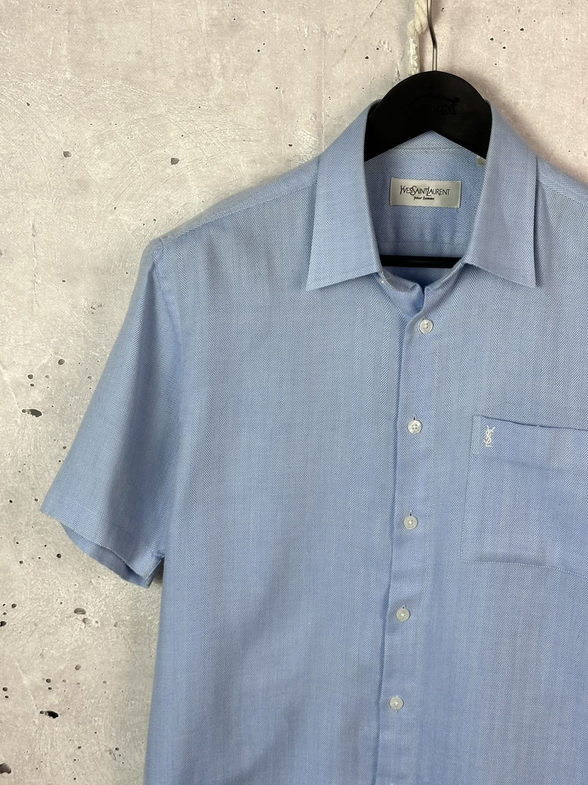 Yves Saint Laurent Vintage YSL YvesSaintLaurent Blue Cotton Short Sleeve Shirt Size US M / EU 48-50 / 2 - 2 Thumbnail