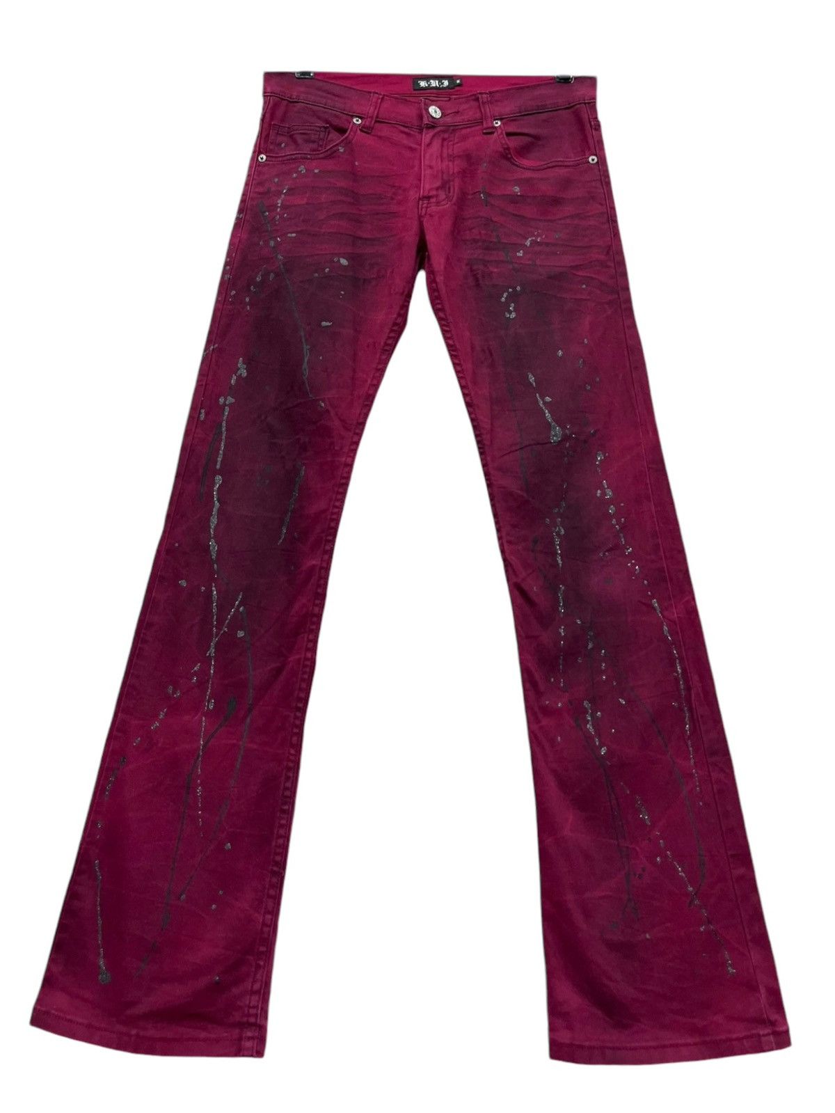 If Six Was Nine 🔥Vintage KUI Smoked Red Glitter Splattered Stretch FLARE💥 Size US 30 / EU 46 - 2 Thumbnail