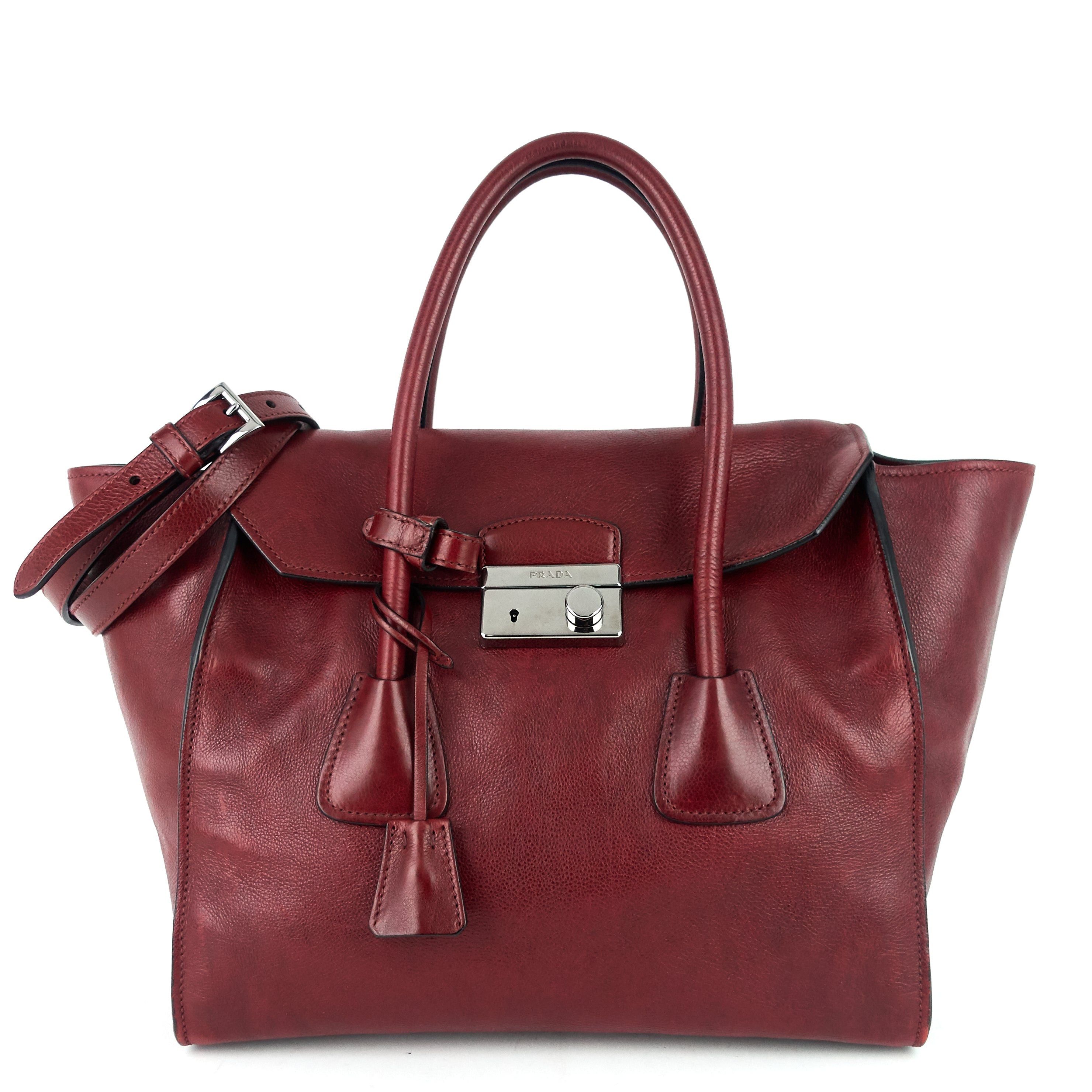 image of Prada Twin Pocket Large Glace Calf Leather Tote Bag in Red, Women's