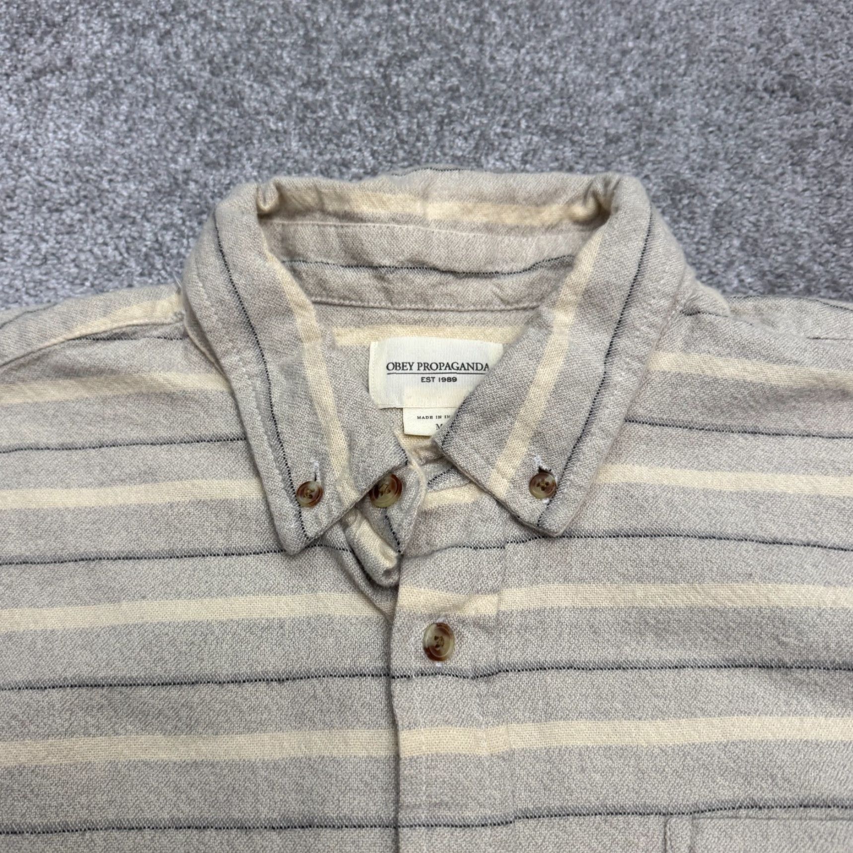 Obey VINTAGE Obey Propaganda Shirt Mens Gray Cream Striped Long Sleeve Cotton Casual Shirt Size US L / EU 52-54 / 3 - 3 Thumbnail
