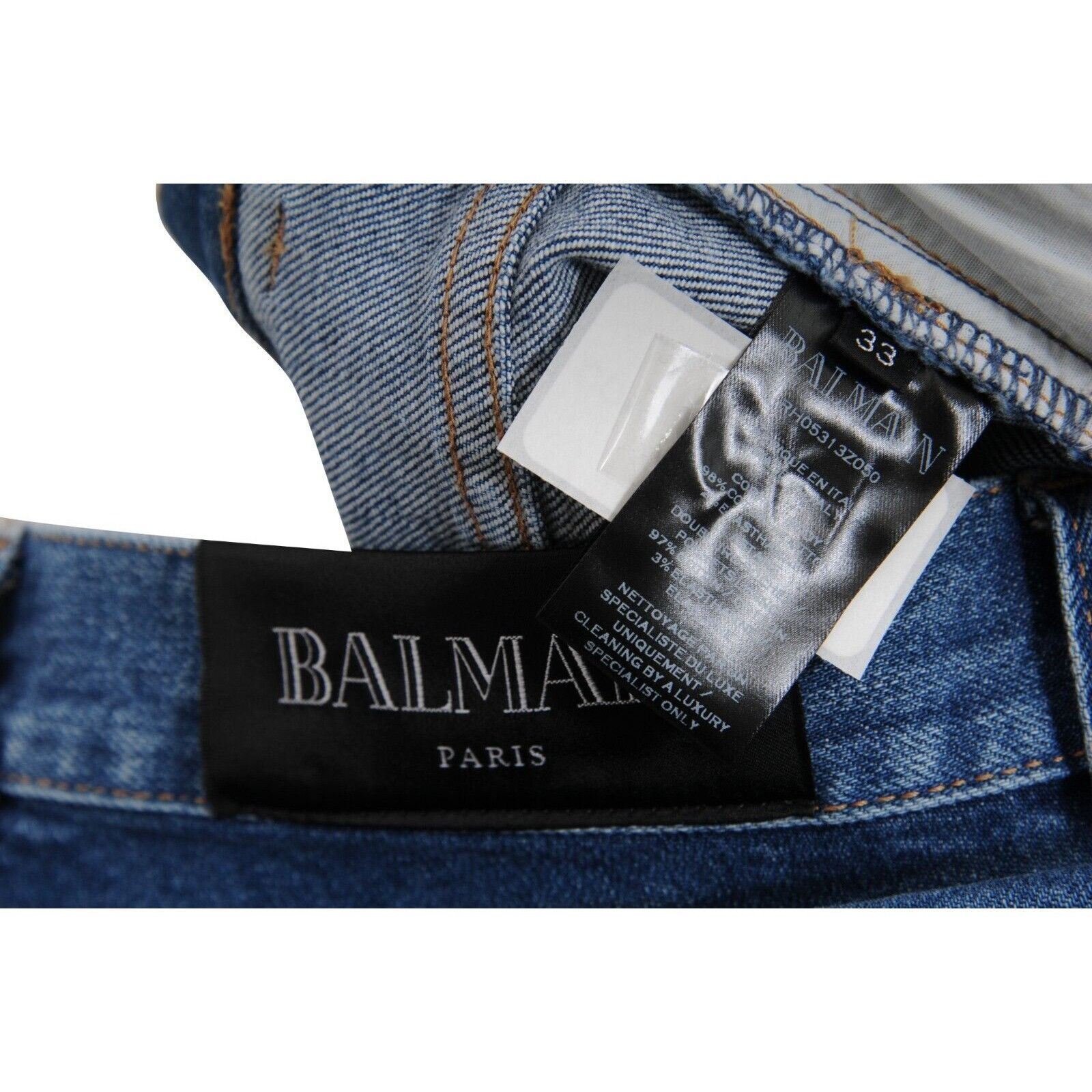 Balmain Slim Jeans Blue Indigo Knee Slashed Denim Size US 33 - 6 Thumbnail