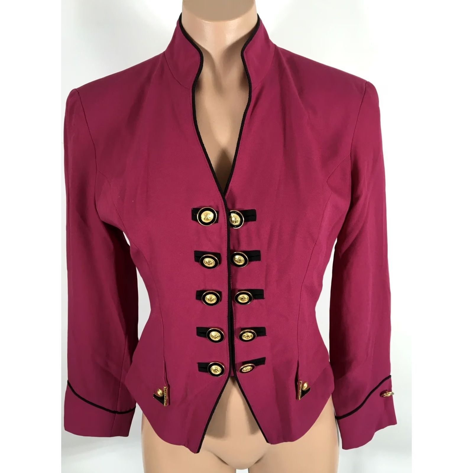 Vintage VINTAGE Cache Blazer Jacket Magenta Pink Black Gold Buttons Crop Size 4 USA MADE Size S / US 4 / IT 40 - 3 Thumbnail