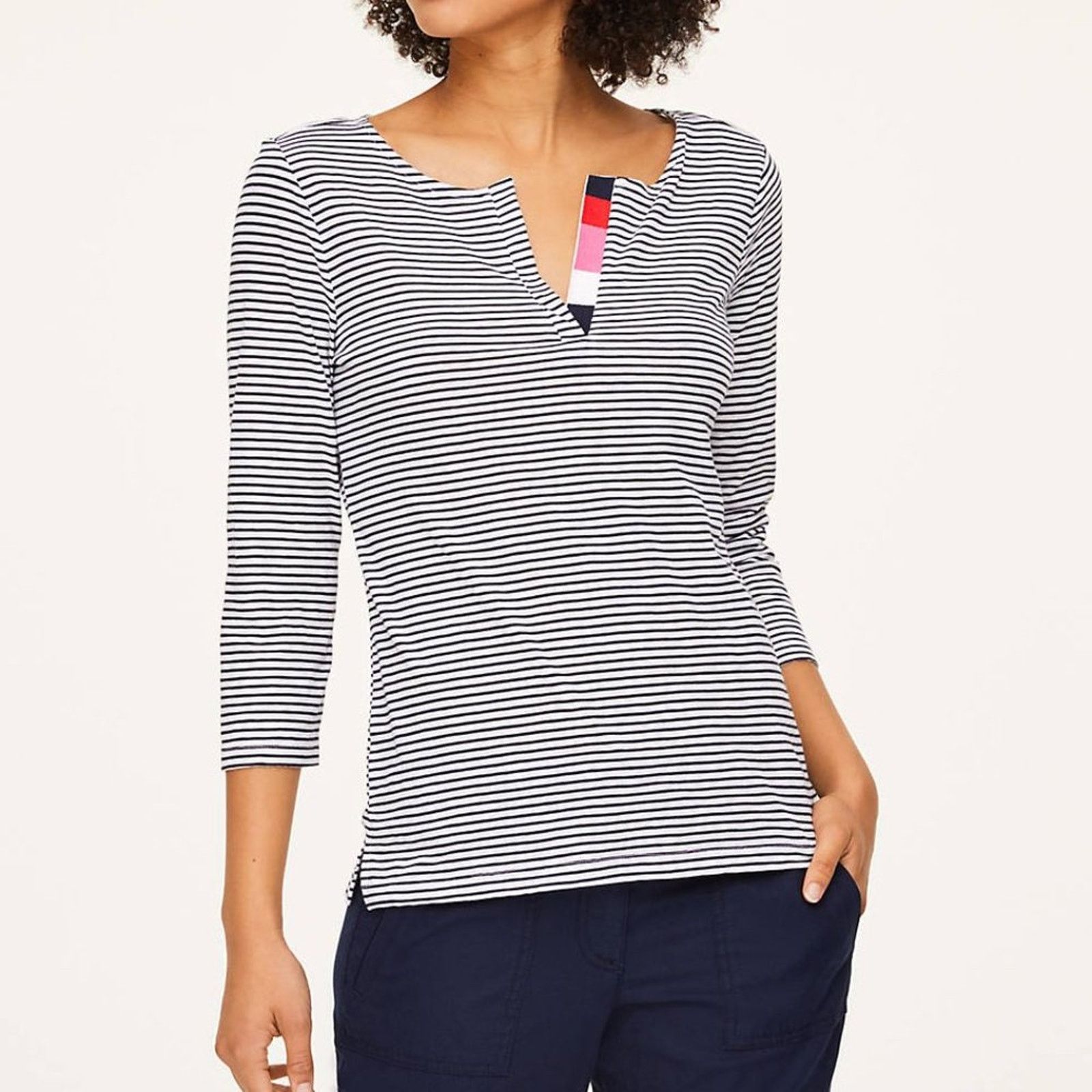Loft LOFT Blue Striped Floral Split Neck Tee Size XS / US 0-2 / IT 36-38 - 2 Thumbnail
