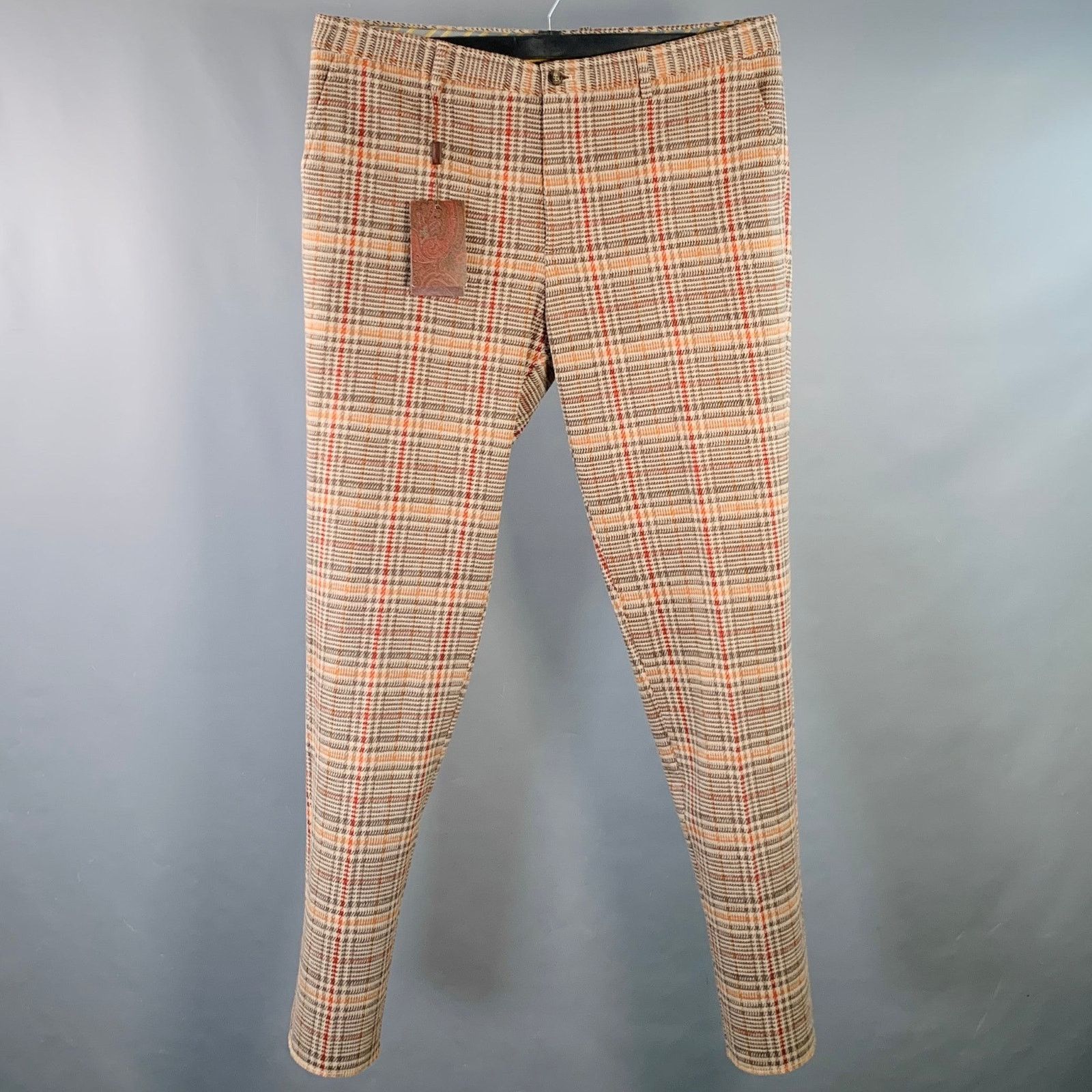 Etro ETRO Tan Grey Red Plaid Wool Tapered Zip Fly Dress Pants Size US 40 / EU 56 - 1 Thumbnail