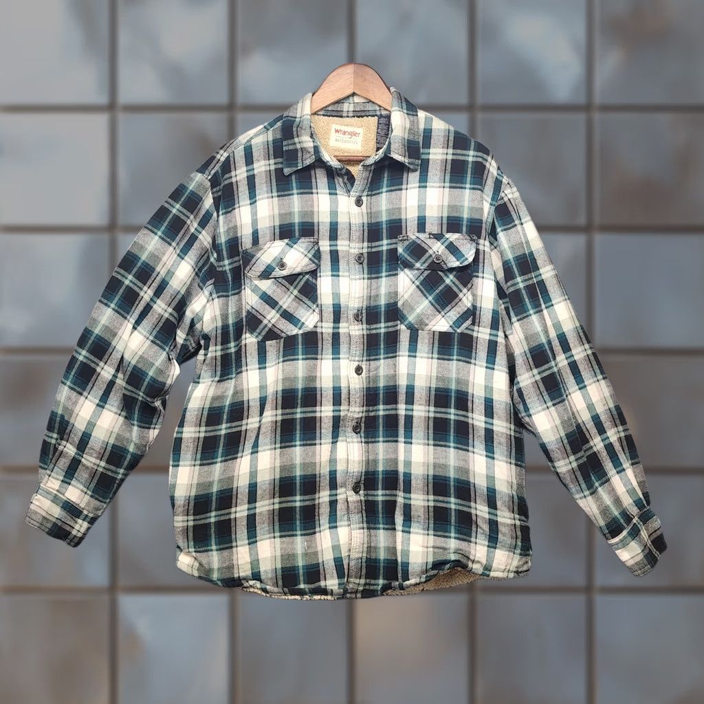 Wrangler VINTAGE Wrangler Authentics Shacket Plaid Shirt Jacket Men's L Sherpa Lined Flannel Coat Foldable Button Closure Green 90s Size US L / EU 52-54 / 3 - 1 Thumbnail