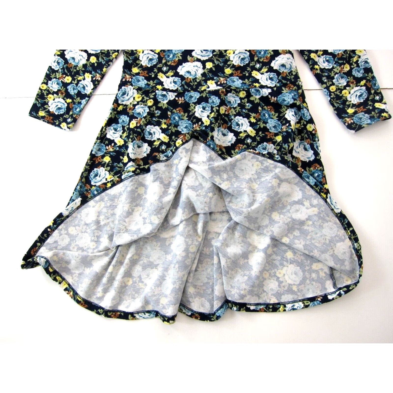 Vintage Tomsware Jersey Stretch Blue Yellow Floral 3/4 Sleeve Empire Waist Dress Large Size L / US 10 / IT 46 - 7 Thumbnail