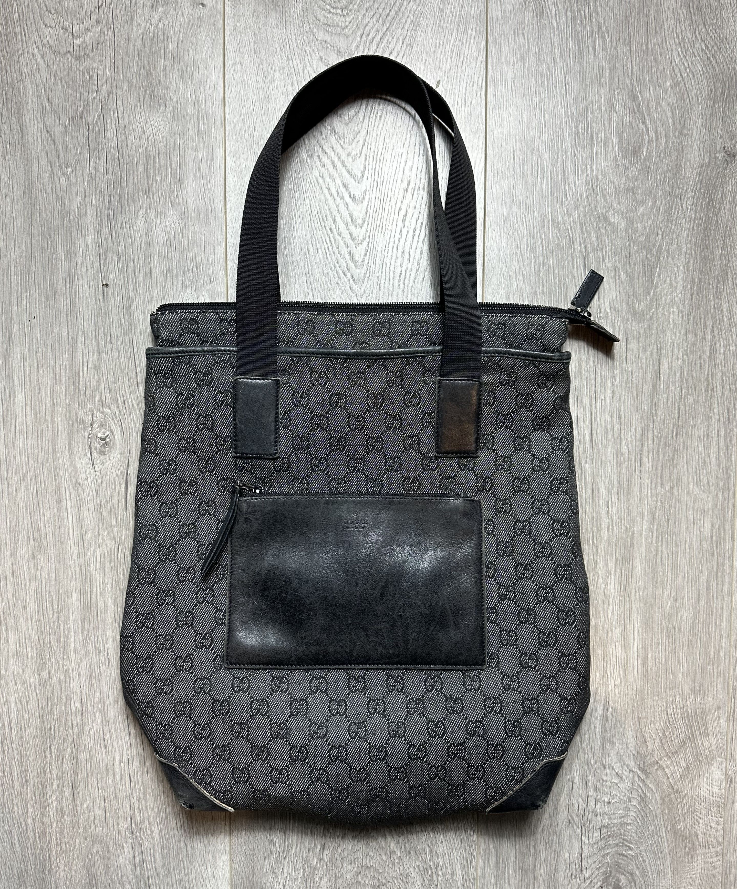 GUCCI GG Denim Canvas Tote Bag Black Leather Switch 28892
