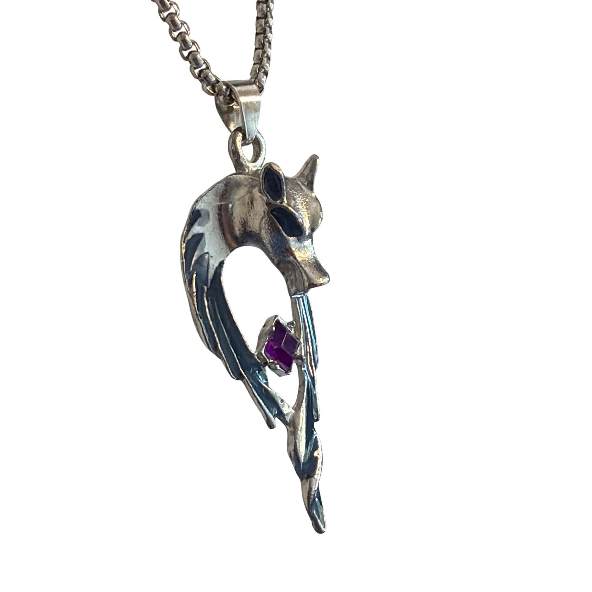Other Wolf Head Pendant Necklace Silver Tone Purple Rhinestone Blu Size ONE SIZE - 2 Thumbnail