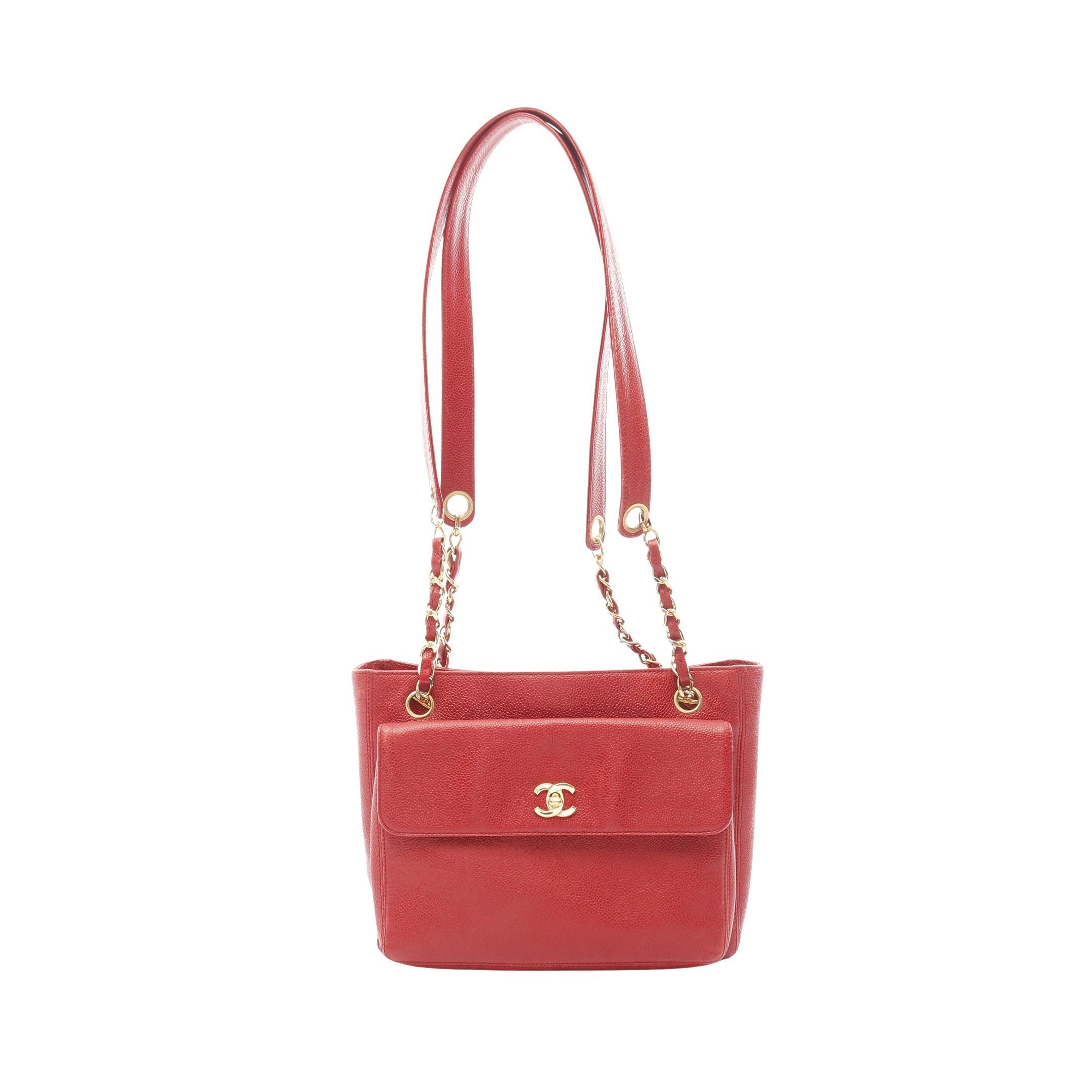 Chanel Coco Mark Chain Shoulder Bag Tote Caviar Skin Red Gold Hardware, Women's