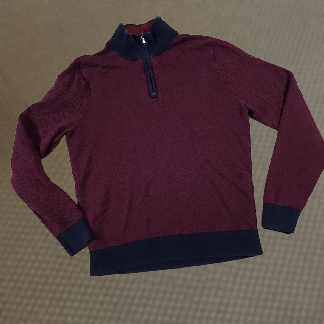 Lands' End Lands' End Supima Cotton Sweater 1/4 Zip Mock Neck Mens S Burgundy Herringbone Size US S / EU 44-46 / 1 - 1 Thumbnail