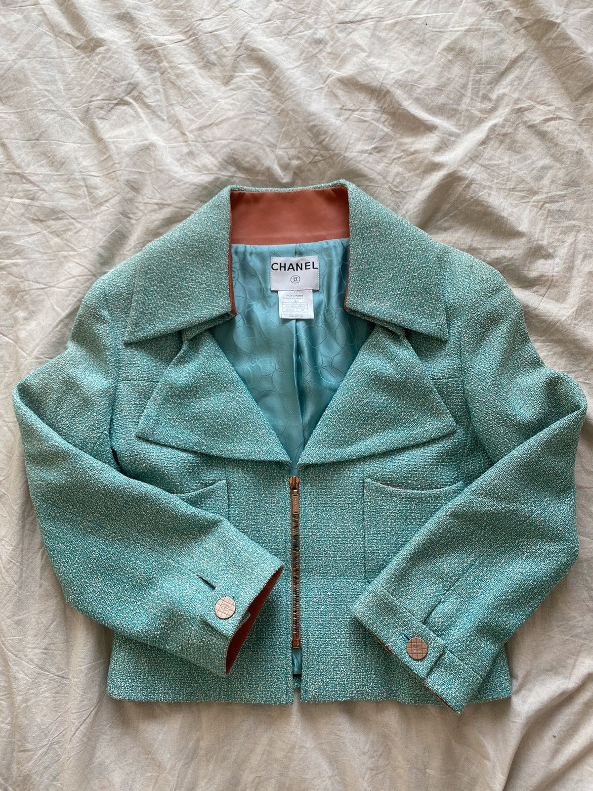 Chanel Vintage CHANEL Pre-Loved Teal Tweed Collared Zip Jacket Size S / US 4 / IT 40 - 1 Thumbnail