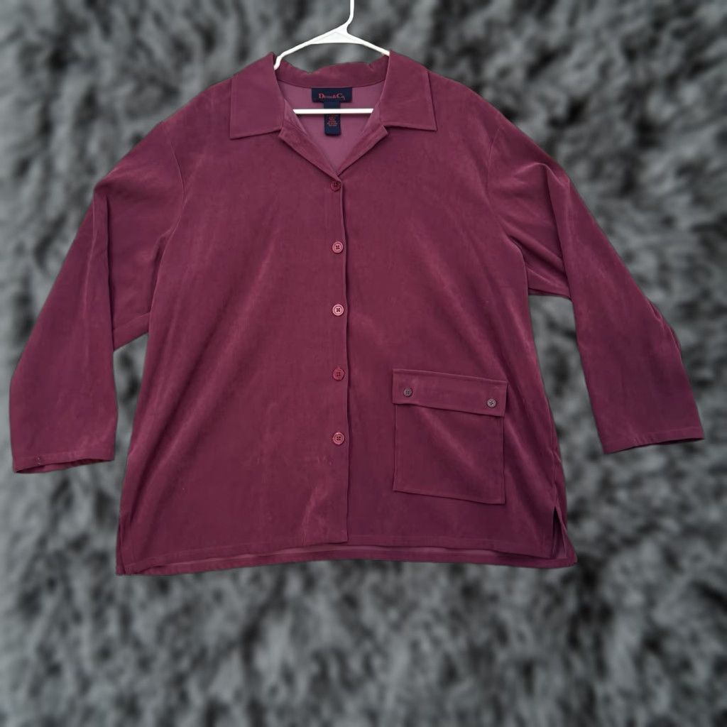 Denim & Co. VINTAGE Denim & Co Velour Button Up Shirt 1X Plus Purple Long Sleeve Collared Pocket 90s Gothic Retro Whimsigoth Womens Size XL / US 12-14 / IT 48-50 - 1 Thumbnail