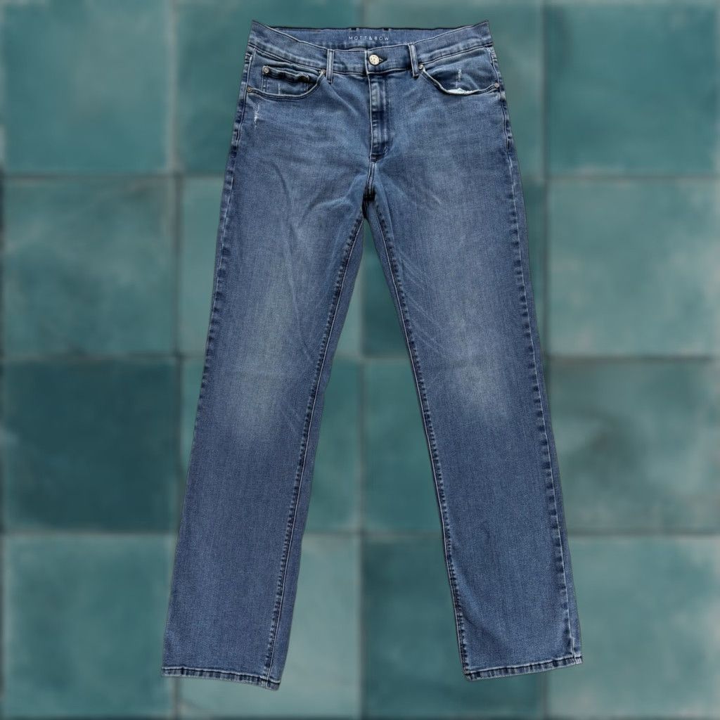 Mott & Bow Mott & Bow Jeans 35x34 Blue Medium Wash Straight Denim Pants Mens Regular Stretch Cotton Polyester Zip Pocket Vintage No Size US 35 - 1 Thumbnail