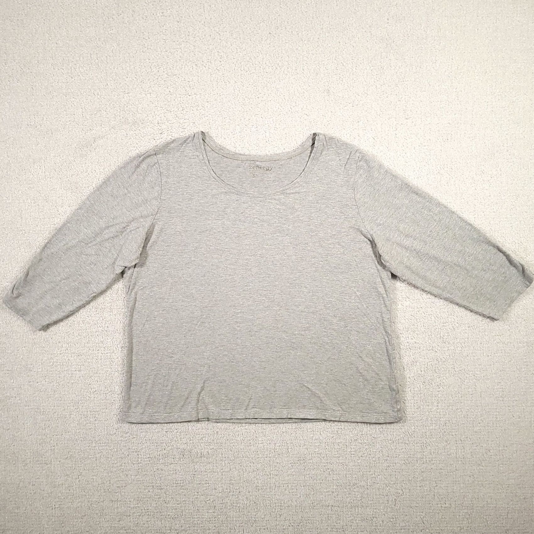 Vintage Chico's Zenergy Shirt Womens 3 XL Gray 3/4 Sleeve Shimmer Round Neck Size XL / US 12-14 / IT 48-50 - 2 Thumbnail