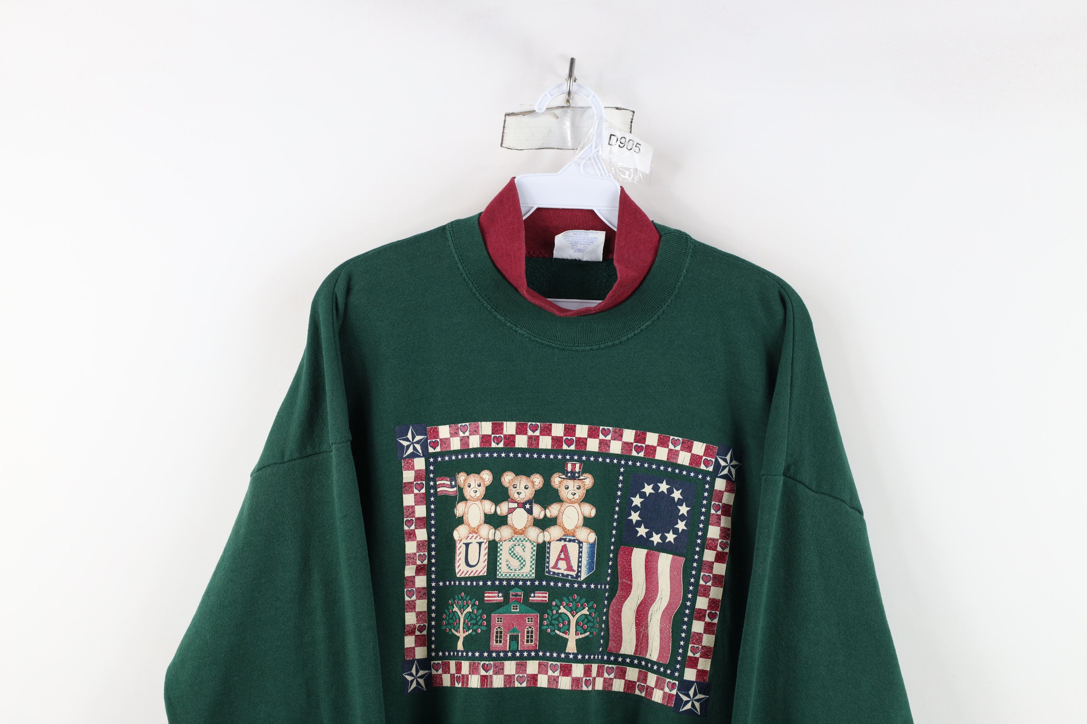 Vintage Vintage 90s Streetwear Flag Bear Sweatshirt Green USA Size XL / US 12-14 / IT 48-50 - 2 Thumbnail