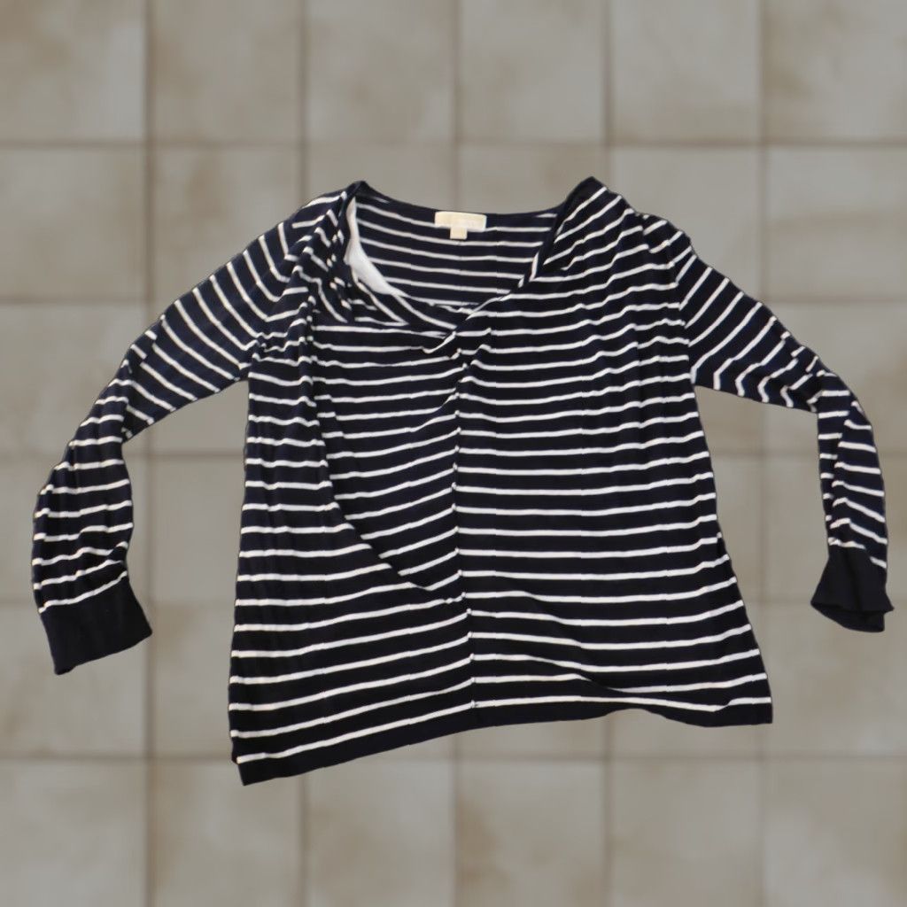 Michael Kors Michael Kors Blouse Women XL Blue Striped Pullover Round Neck Casual Denim Cotton Ruffle Stretch Regular Classic Basic Shirt Top Size XL / US 12-14 / IT 48-50 - 1 Thumbnail
