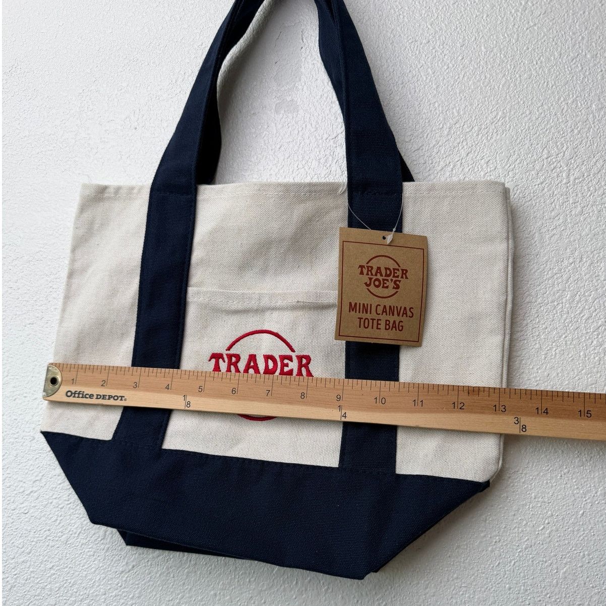 Other NWT Trader Joe’s Mini Canvas Tote Bag Navy Cream Red Logo Size ONE SIZE - 13 Thumbnail