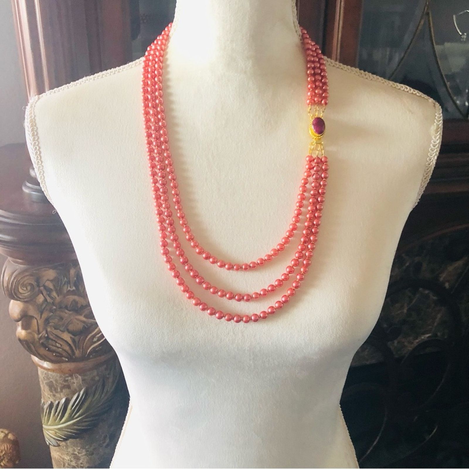 Handmade Handcrafted triple strand rose pearl genuine ruby necklace Size ONE SIZE - 5 Thumbnail