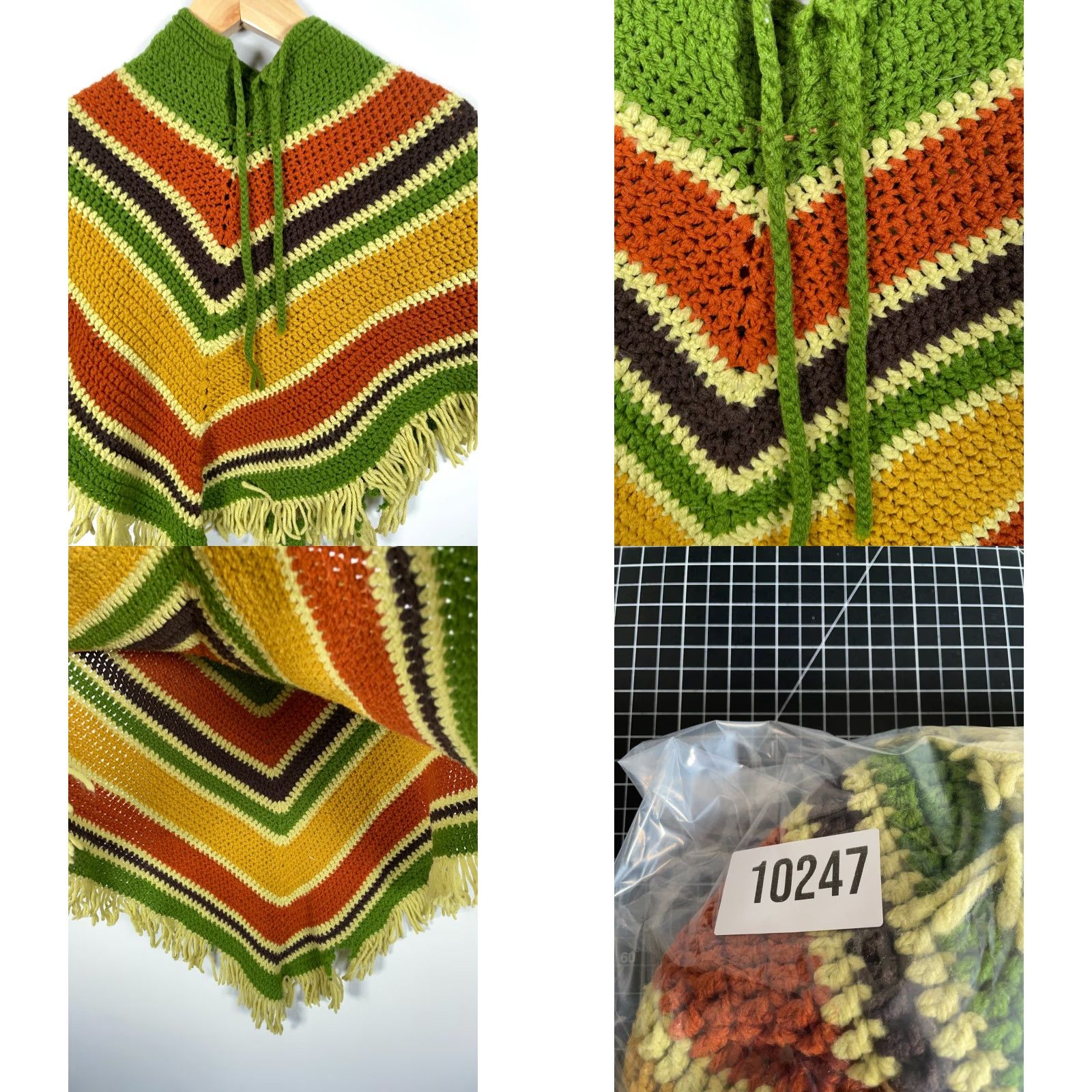 Vintage VINTAGE Handmade Crochet Poncho Women's OS Green Orange Yellow Fringe Grandma Shawl 70s Size ONE SIZE - 8 Thumbnail