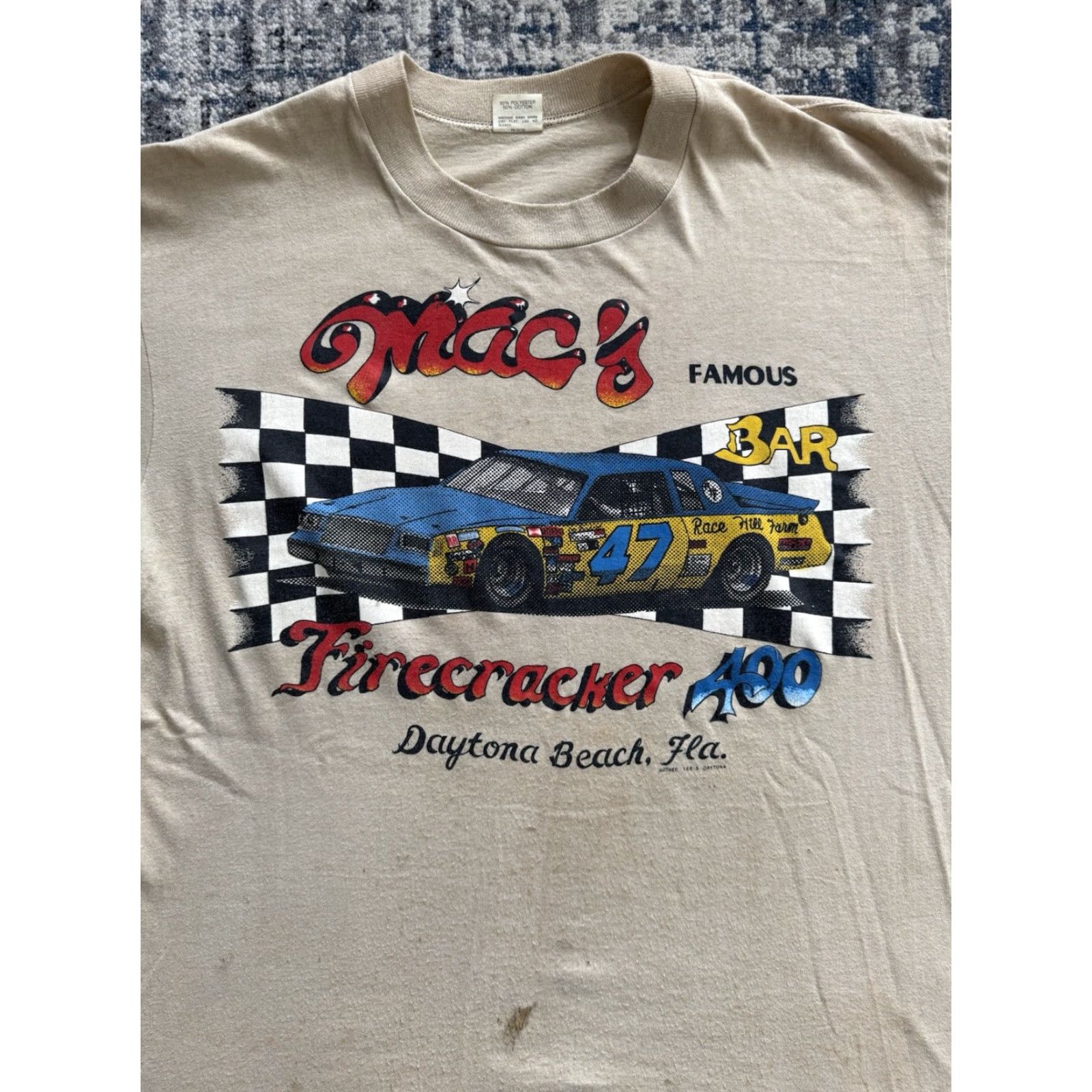 TEE JAYS VINTAGE Tee Jays 70s T-Shirt Men XL Beige Short Sleeve Crew Neck 400 Daytona Beach NASCAR Double-Sided Graphic Print Size US XL / EU 56 / 4 - 2 Thumbnail