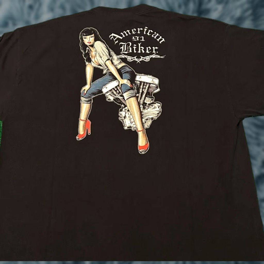 Garage VINTAGE 90s Y2K American Biker Sexy Garage Pinup Girl VTG Shirt Mens XX L Black Short Sleeve T-Shirt Size US XXL / EU 58 / 5 - 1 Thumbnail