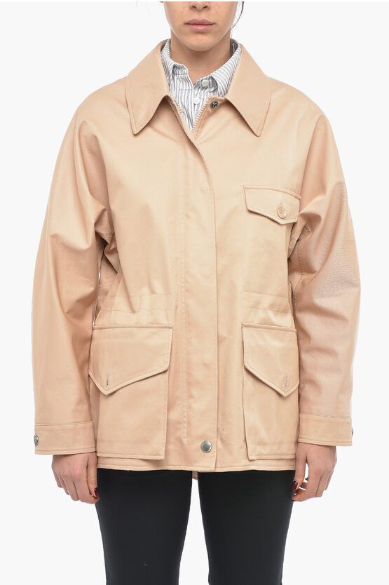 image of Burberry Front Zipped Cotton Parka With Buttons in Beige, Women's (Size XS)