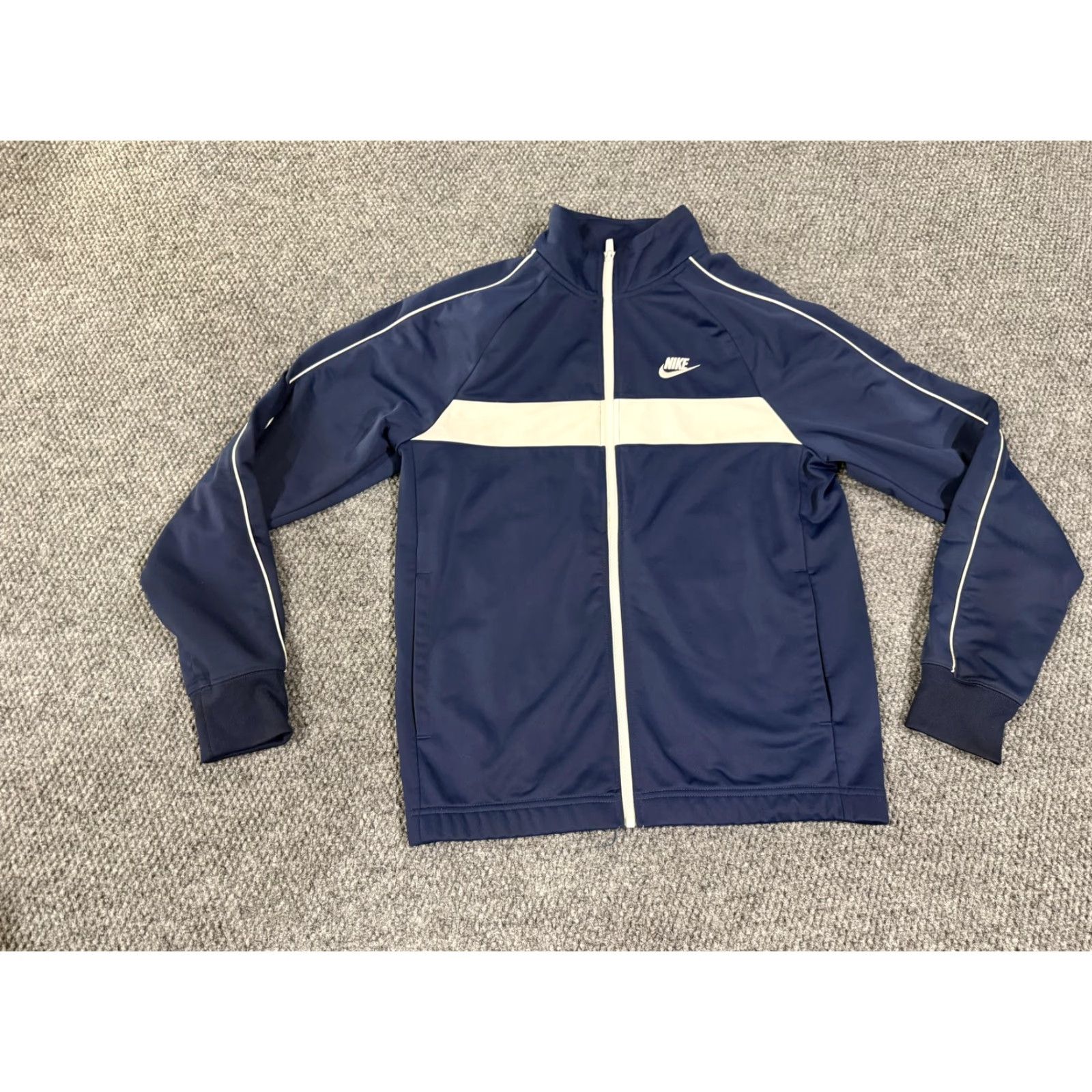 Nike Nike Jacket Mens S Blue White Striped Full Zip Lightweight Pockets Stand-Up Collar Polyester Gym & Training 90s? Size US S / EU 44-46 / 1 - 2 Thumbnail