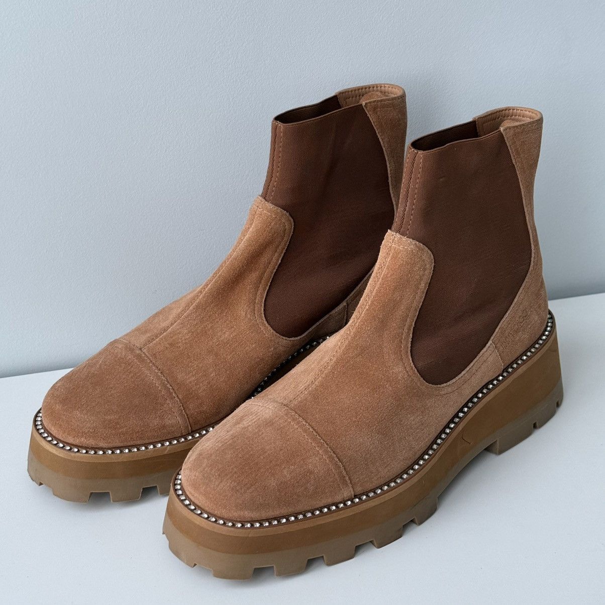 Jimmy Choo Jimmy Choo Suede Boots Caramel Crystal Platform Chelsea Size US 11 / IT 41 - 3 Thumbnail